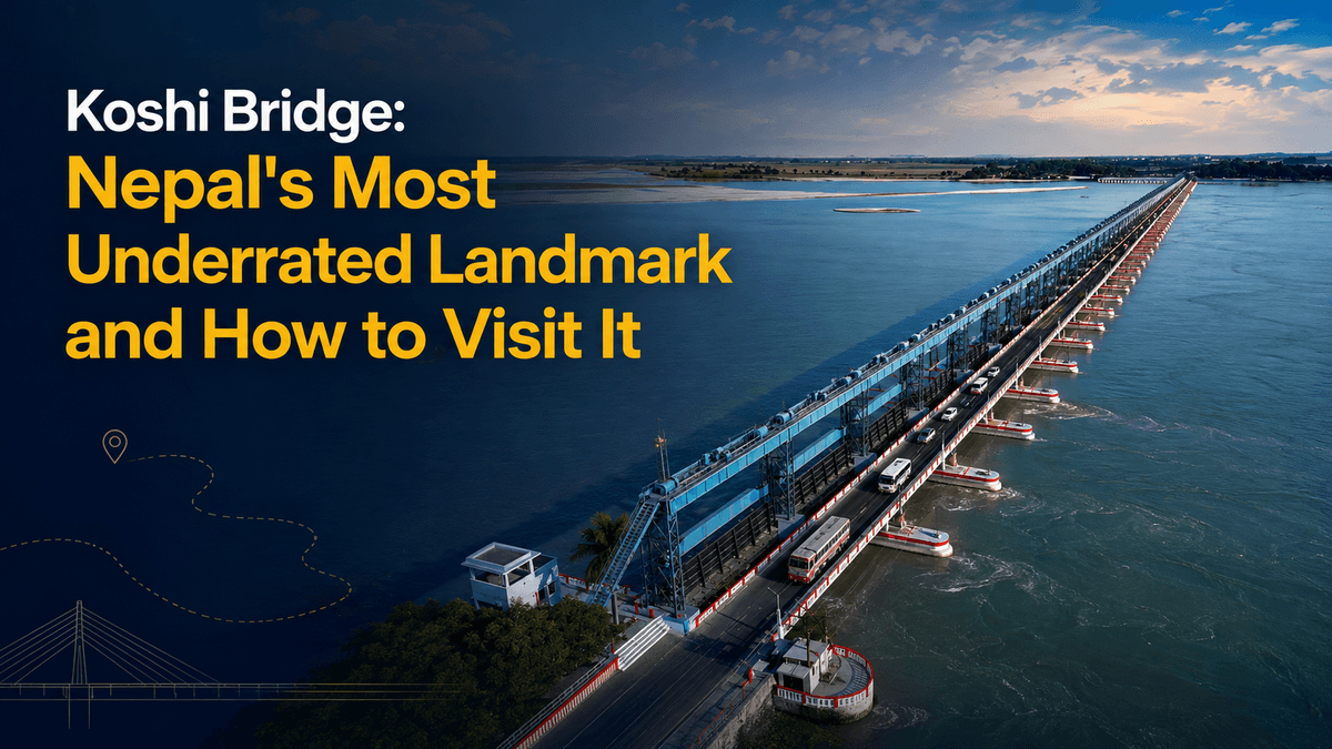 Aerial view of the Koshi Barrage with traffic crossing its gate line above the Saptakoshi River, Koshi Bridge visitor guide.
