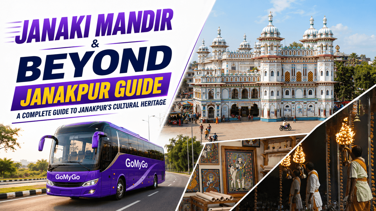 GoMyGo coach on the highway beside Janaki Mandir's white domes, Mithila art and an evening aarti, Janakpur heritage guide 2026.