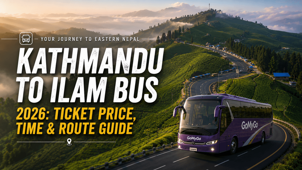 Premium GoMyGo bus on the Kathmandu to Ilam route passing through Ilam's famous tea gardens with a scenic mountain backdrop.