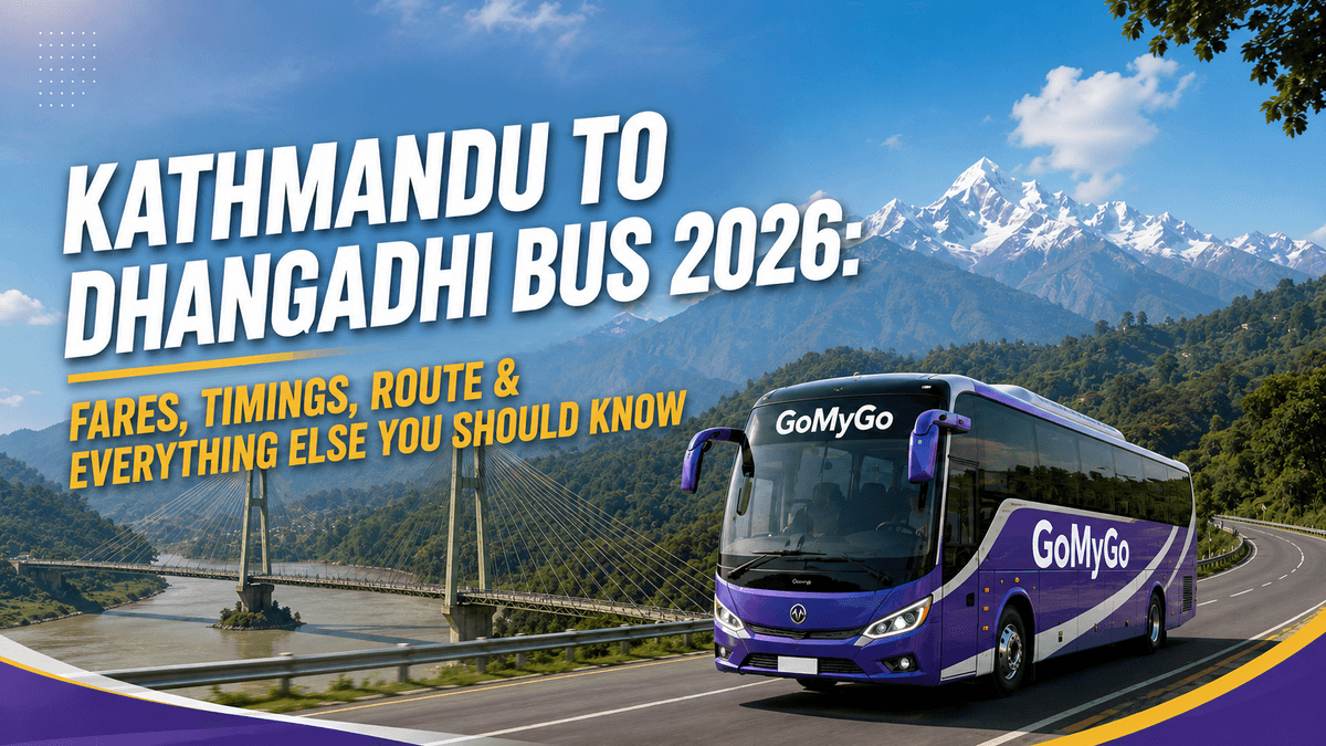 Featured poster for Kathmandu to Dhangadhi bus blog showing a GoMyGo coach on the highway with a cable-stayed bridge and Himalayas
