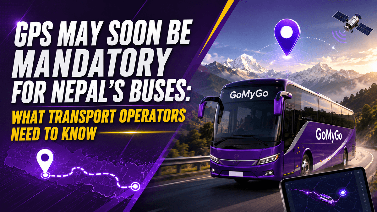 A Nepali intercity coach on a highway with a location pin above it, showing the proposal to make GPS mandatory in Nepal