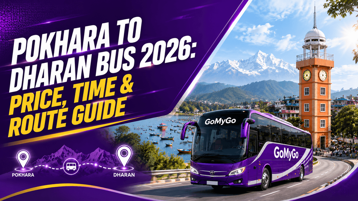 Purple GoMyGo coach driving past Phewa Lake and the Himalayas toward a clock tower, featured image for Pokhara to Dharan bus.