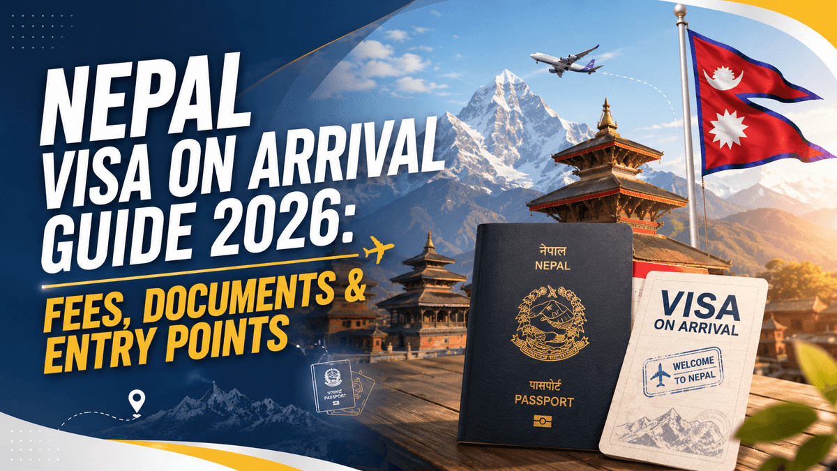 Nepal visa on arrival guide 2026 featured graphic showing Nepali passport, visa stamp, Kathmandu temple, mountains and flag