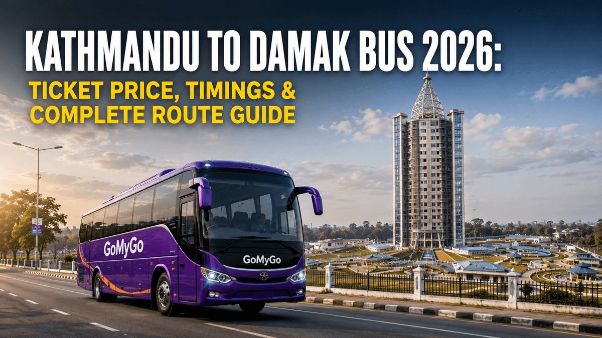 Premium poster showing a purple GoMyGo bus on the road passing Damak Tower, highlighting the Kathmandu to Damak Bus 2026 route, ticket price, and timings.